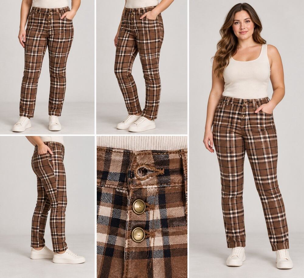 Body By Us Plaid Pants Womens Large Brown Black Stretch Missing Button